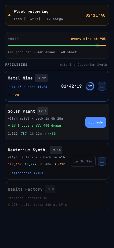 The Colony screen: a returning fleet, the power card, and the facility list with countdowns.